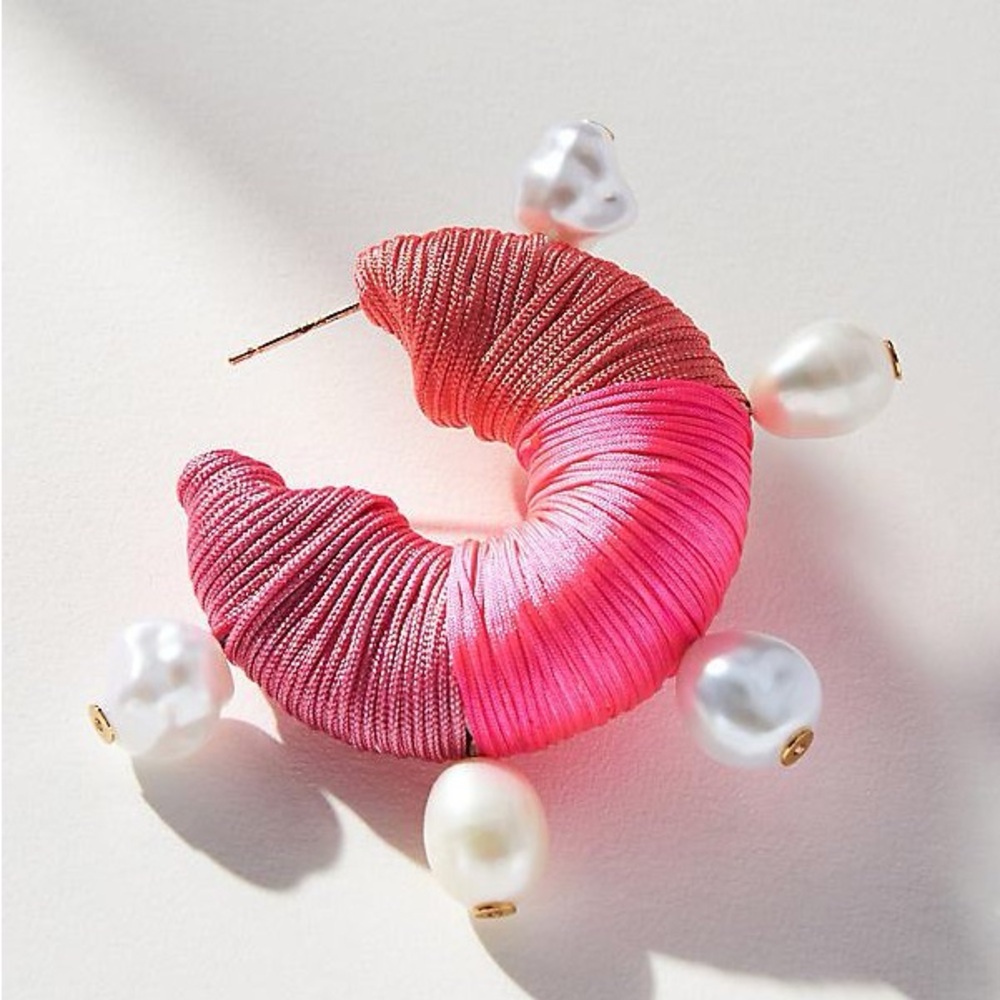 ANTHRO Freshwater Pearl Raffia Hoop Earrings